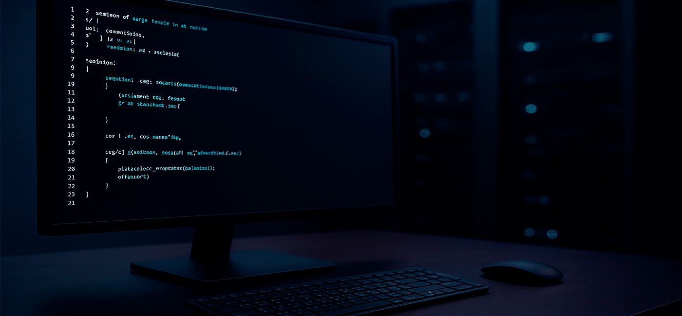 Monitor de computador exibindo código em um ambiente de escritório escuro