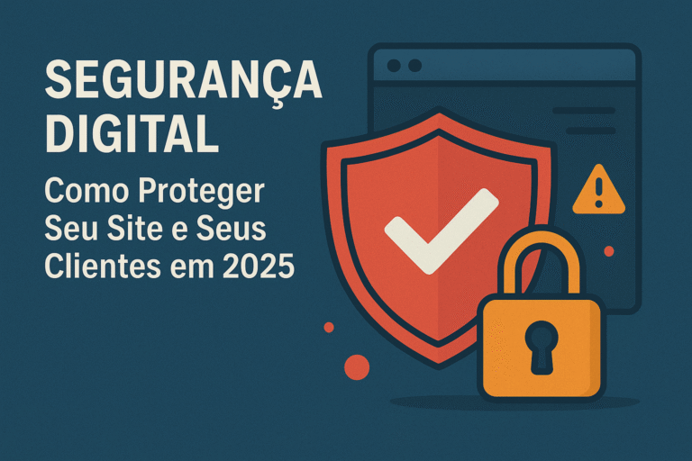 Ilustração sobre segurança digital em 2025, mostrando um escudo, cadeado e ícone de alerta, representando proteção de sites e dados de clientes na internet.