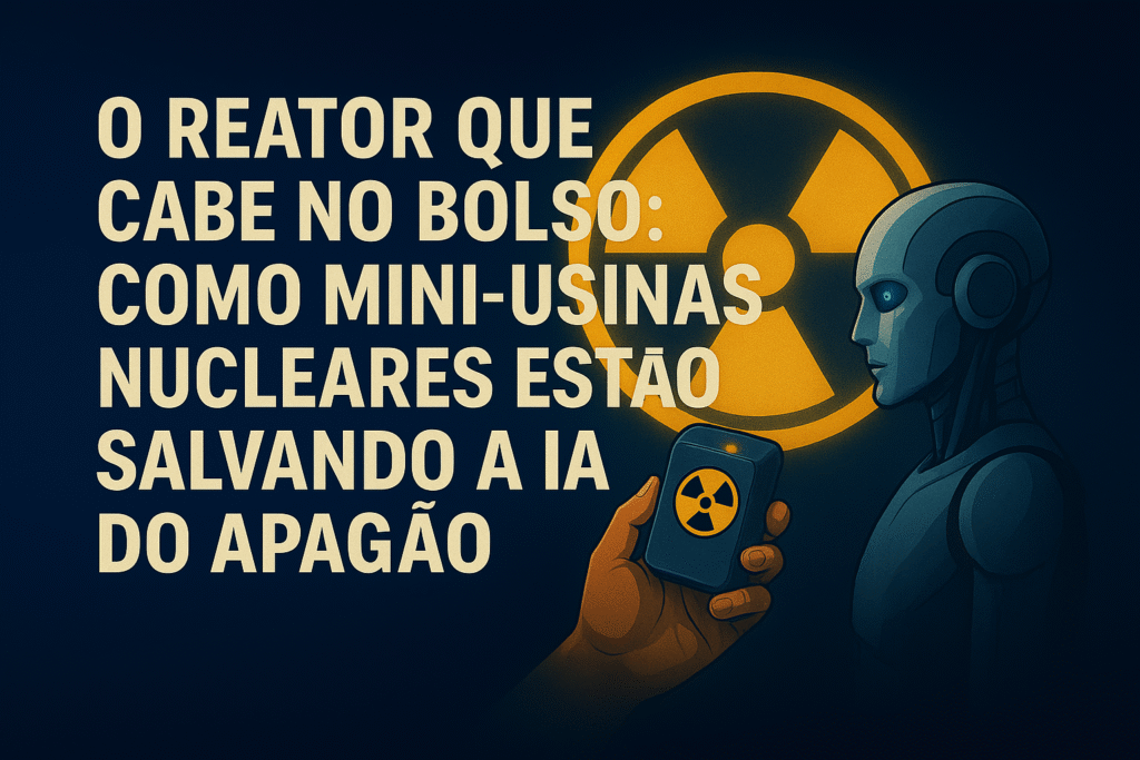 Ilustração futurista com um robô de inteligência artificial e uma mão segurando um mini reator nuclear, representando como mini-usinas estão impulsionando o futuro da IA e evitando apagões de energia.