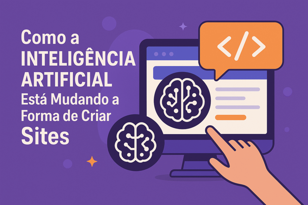 Ilustração mostrando como a Inteligência Artificial está mudando a criação de sites, com um computador, ícones de código e cérebro tecnológico representando inovação no webdesign.