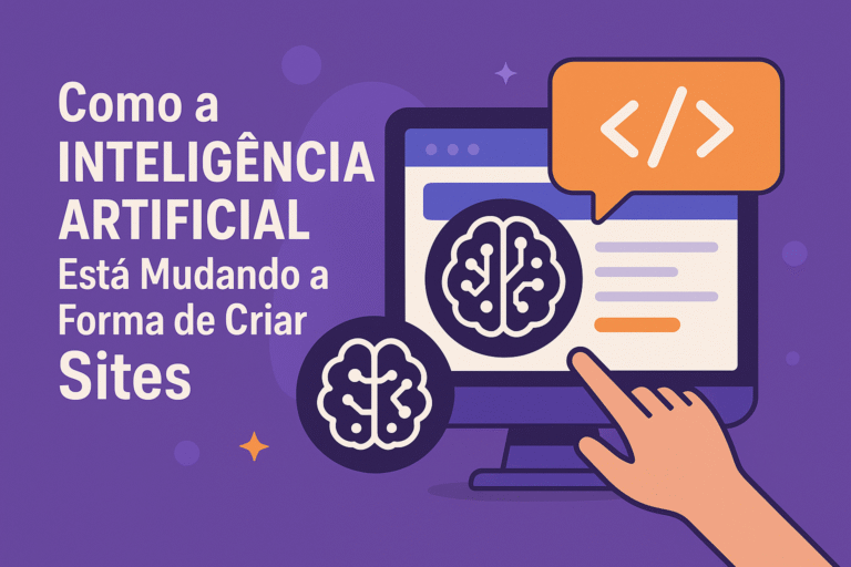 Ilustração mostrando como a Inteligência Artificial está mudando a criação de sites, com um computador, ícones de código e cérebro tecnológico representando inovação no webdesign.